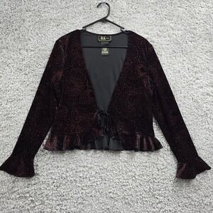 R&K Women Vintage Glitter Bell Sleeve Tie Front Top Size 10P Dark Romantic